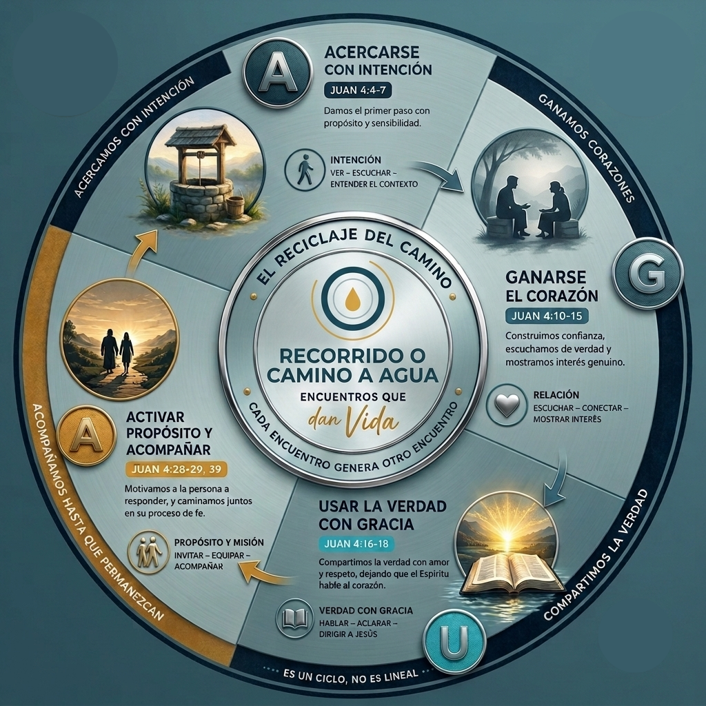 Diagrama del ciclaje del Camino A.G.U.A. — Recorrido o camino a AGUA, encuentros que dan vida